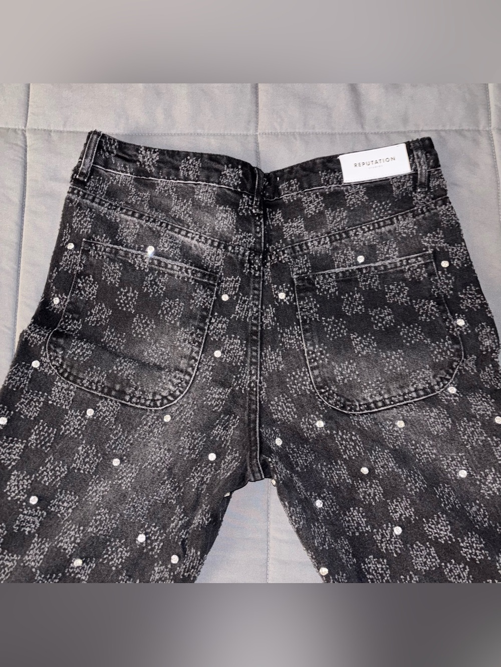 Reputation Studios Washed Black Rhinestone Flare Denim - Picture 4 of 10